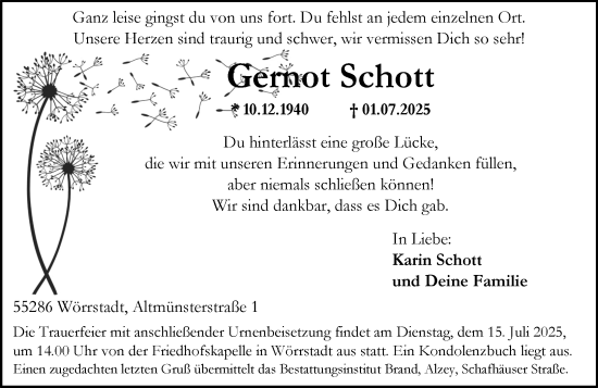 Traueranzeige von Gernot Schott von Allgemeine Zeitung Alzey