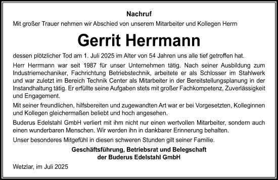 Traueranzeige von Gerrit Herrmann von Wetzlarer Neue Zeitung