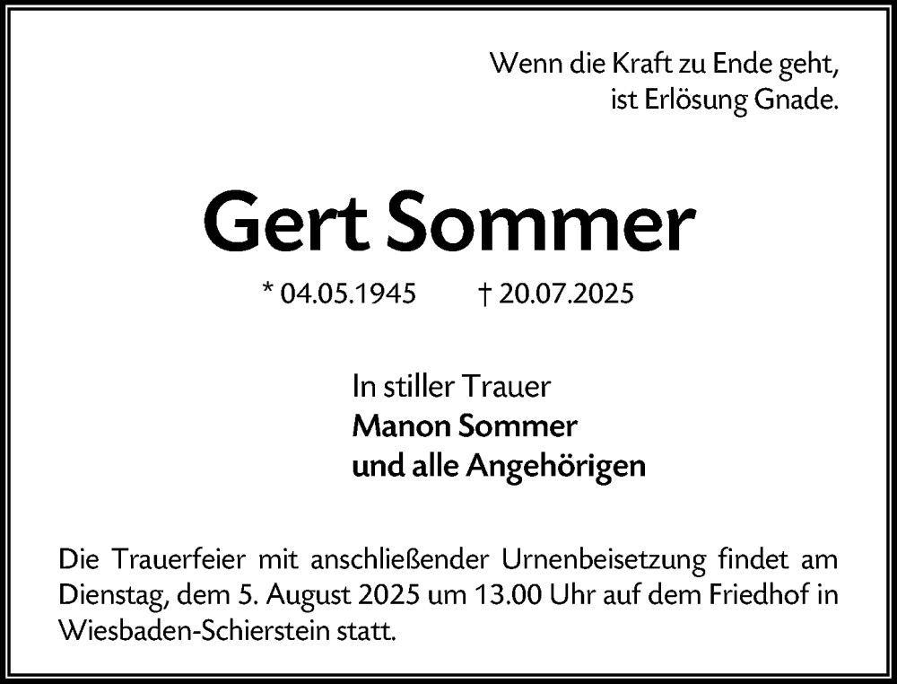  Traueranzeige für Gert Sommer vom 26.07.2025 aus Wiesbadener Kurier