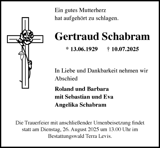 Traueranzeige von Gertraud Schabram von Wiesbadener Kurier