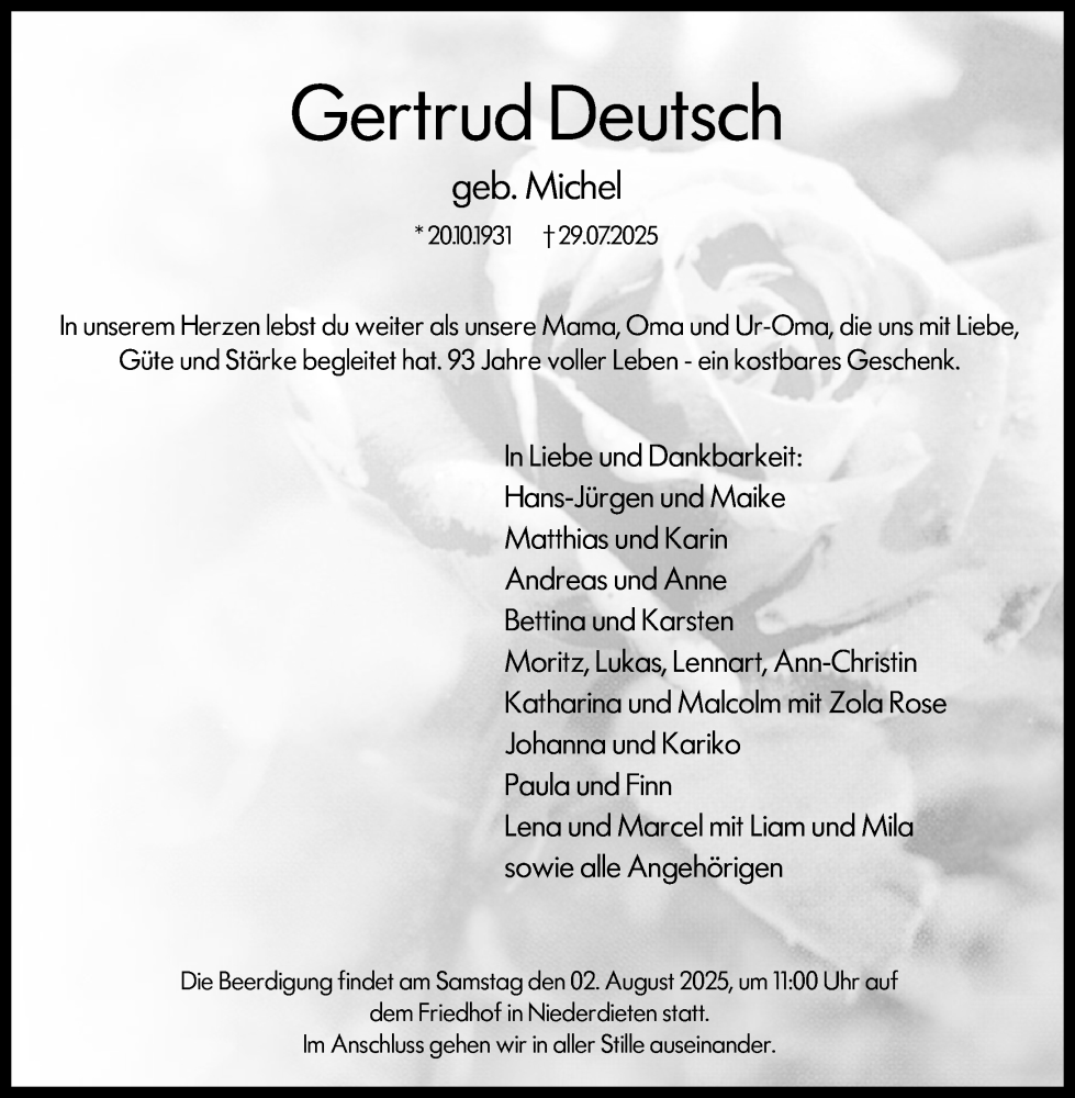  Traueranzeige für Gertrud Deutsch vom 31.07.2025 aus Hinterländer Anzeiger
