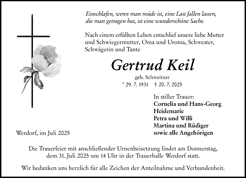  Traueranzeige für Gertrud Keil vom 26.07.2025 aus Wetzlarer Neue Zeitung