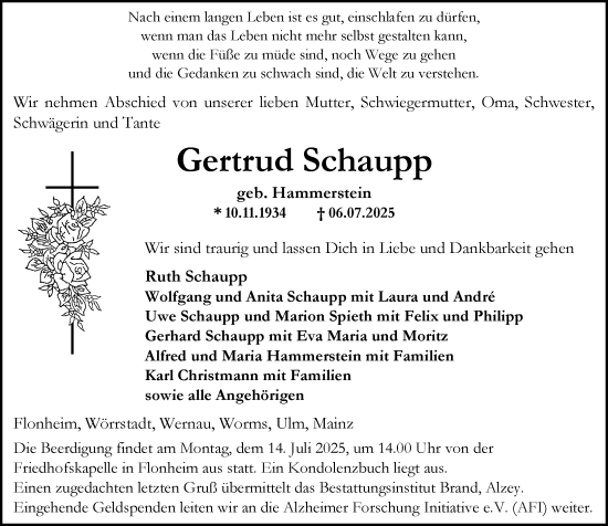 Traueranzeige von Gertrud Schaupp von Allgemeine Zeitung Alzey