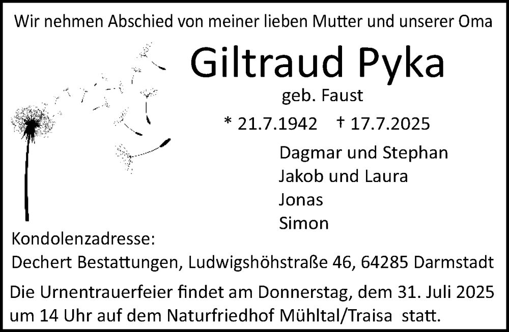  Traueranzeige für Giltraud Pyka vom 26.07.2025 aus Darmstädter Echo
