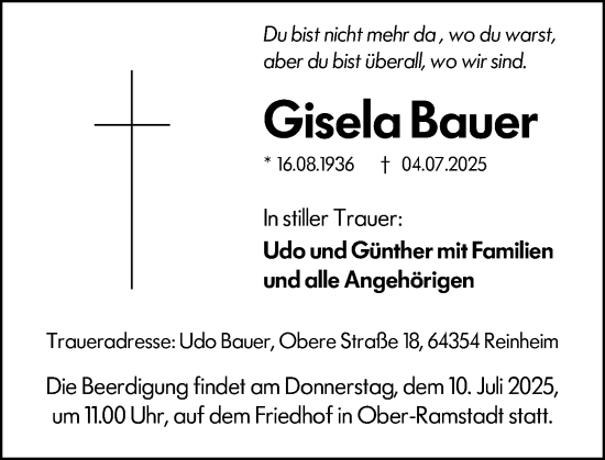 Traueranzeige von Gisela Bauer von Darmstädter Echo