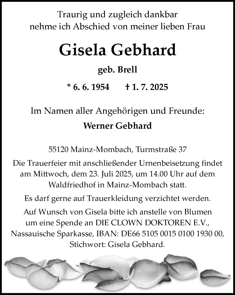  Traueranzeige für Gisela Gebhard vom 12.07.2025 aus Allgemeine Zeitung Mainz