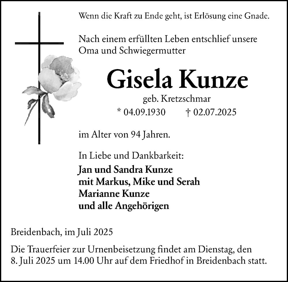  Traueranzeige für Gisela Kunze vom 04.07.2025 aus Hinterländer Anzeiger