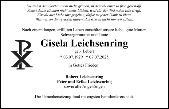 Traueranzeige von Gisela Leichsenring von Wiesbadener Kurier