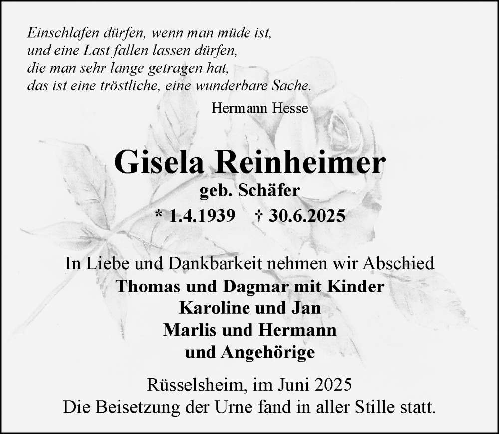  Traueranzeige für Gisela Reinheimer vom 12.07.2025 aus Rüsselsheimer Echo