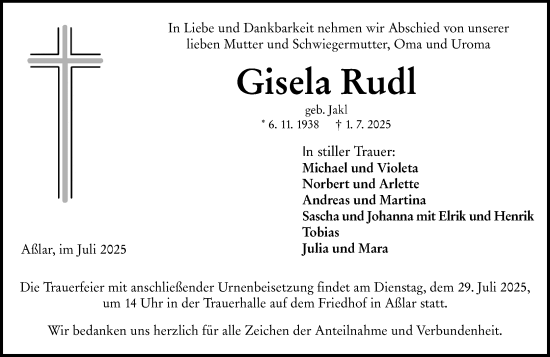 Traueranzeige von Gisela Rudl von Wetzlarer Neue Zeitung