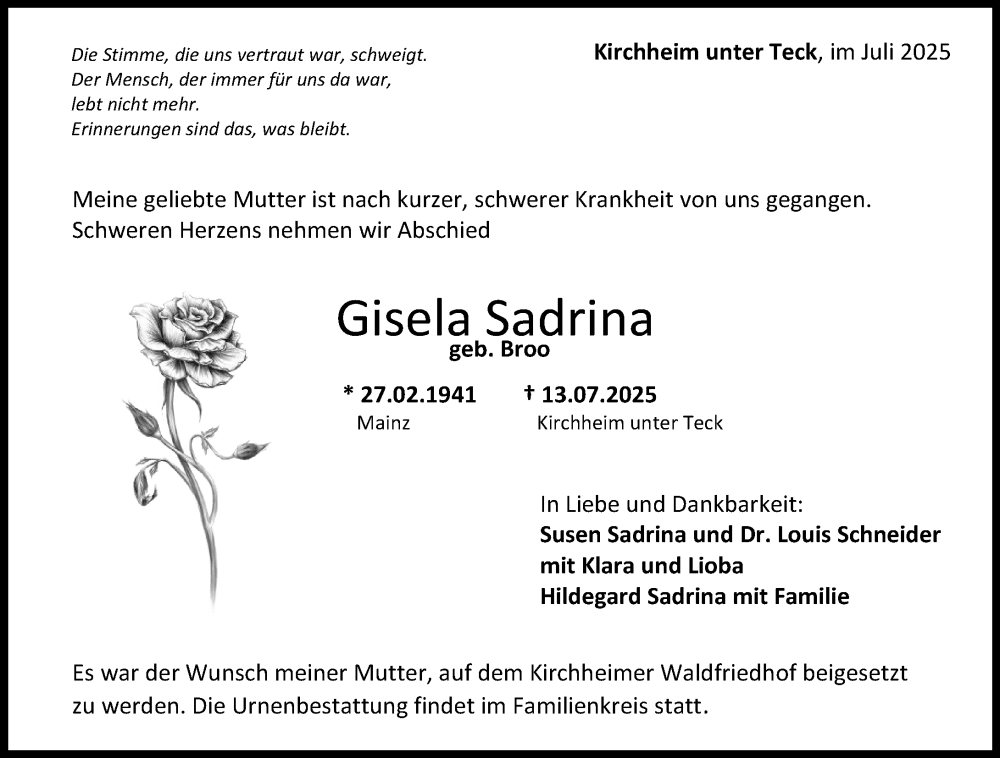  Traueranzeige für Gisela Sadrina vom 26.07.2025 aus Allgemeine Zeitung Mainz
