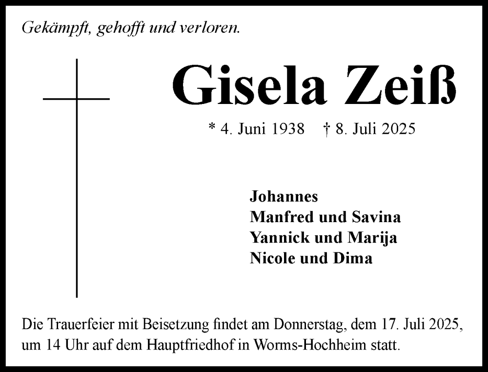  Traueranzeige für Gisela Zeiß vom 16.07.2025 aus Wormser Zeitung