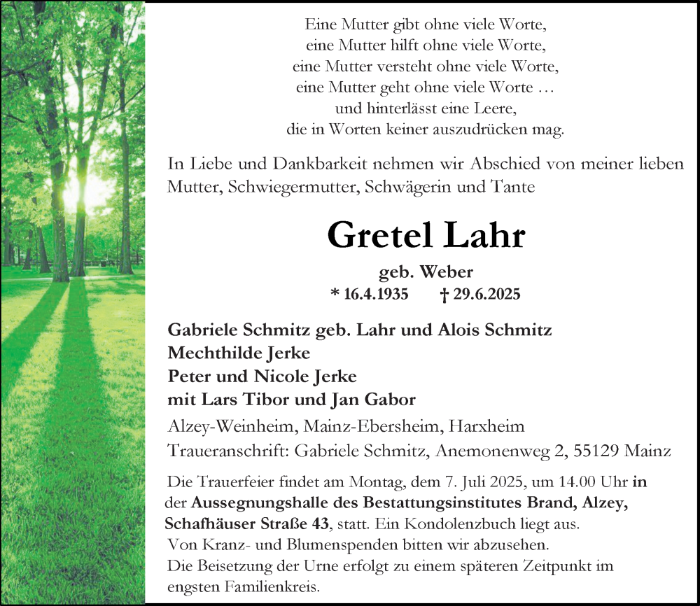  Traueranzeige für Gretel Lahr vom 02.07.2025 aus Allgemeine Zeitung Alzey