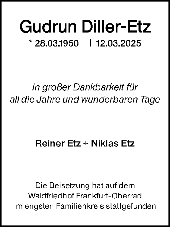 Traueranzeige von Gudrun Diller-Etz von Darmstädter Echo