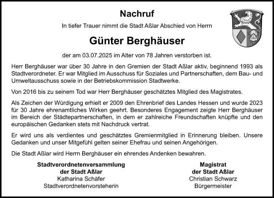 Traueranzeige von Günter Berghäuser von Wetzlarer Neue Zeitung
