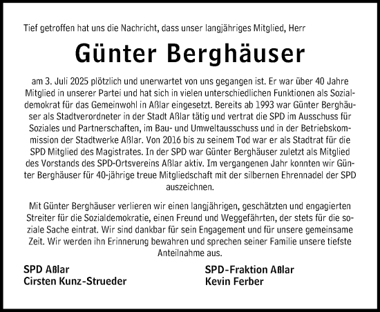 Traueranzeige von Günter Berghäuser von Wetzlarer Neue Zeitung