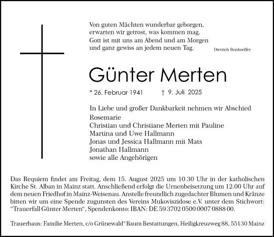 Traueranzeige von Günter Merten von Allgemeine Zeitung Mainz