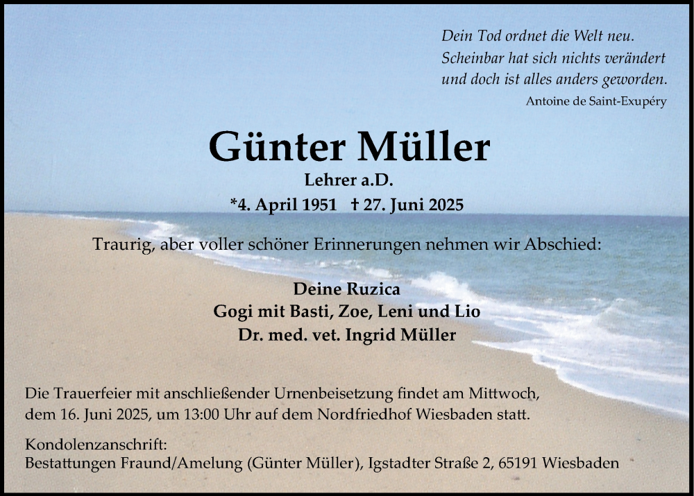  Traueranzeige für Günter Müller vom 12.07.2025 aus Wiesbadener Kurier