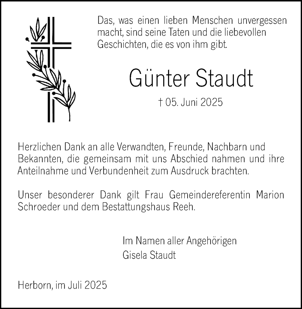  Traueranzeige für Günter Staudt vom 19.07.2025 aus Dill Block