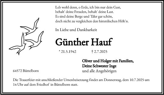 Traueranzeige von Günther Hauf von Groß-Gerauer Echo