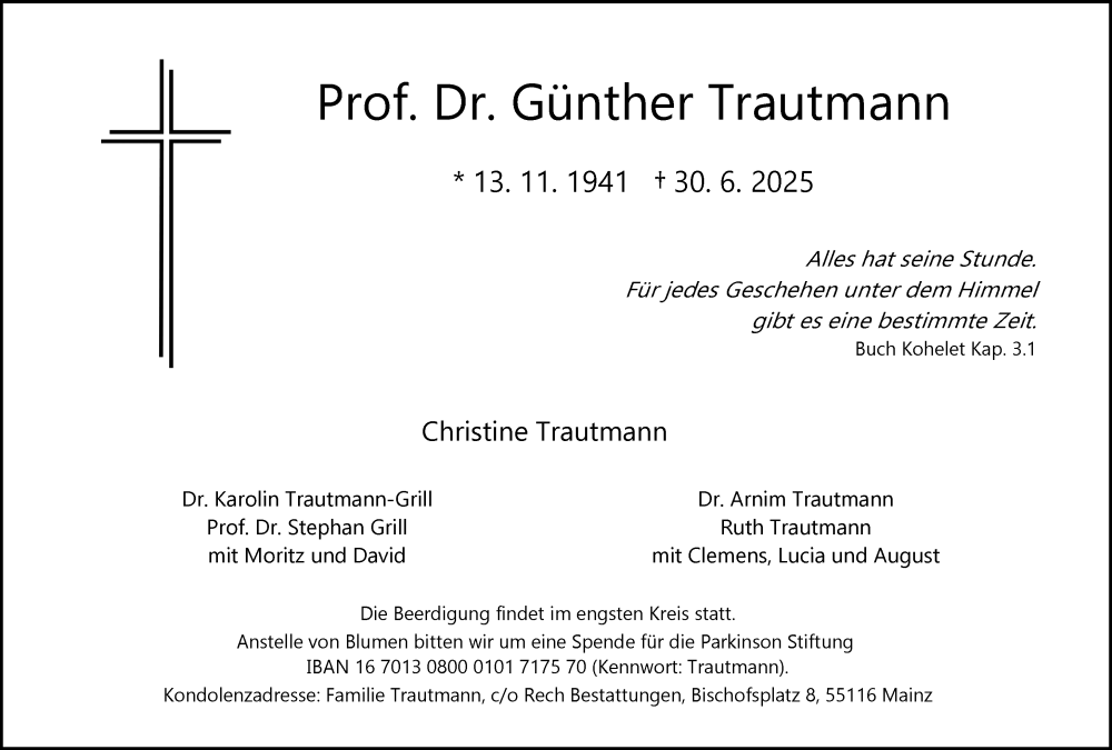  Traueranzeige für Günther Trautmann vom 12.07.2025 aus Allgemeine Zeitung Mainz