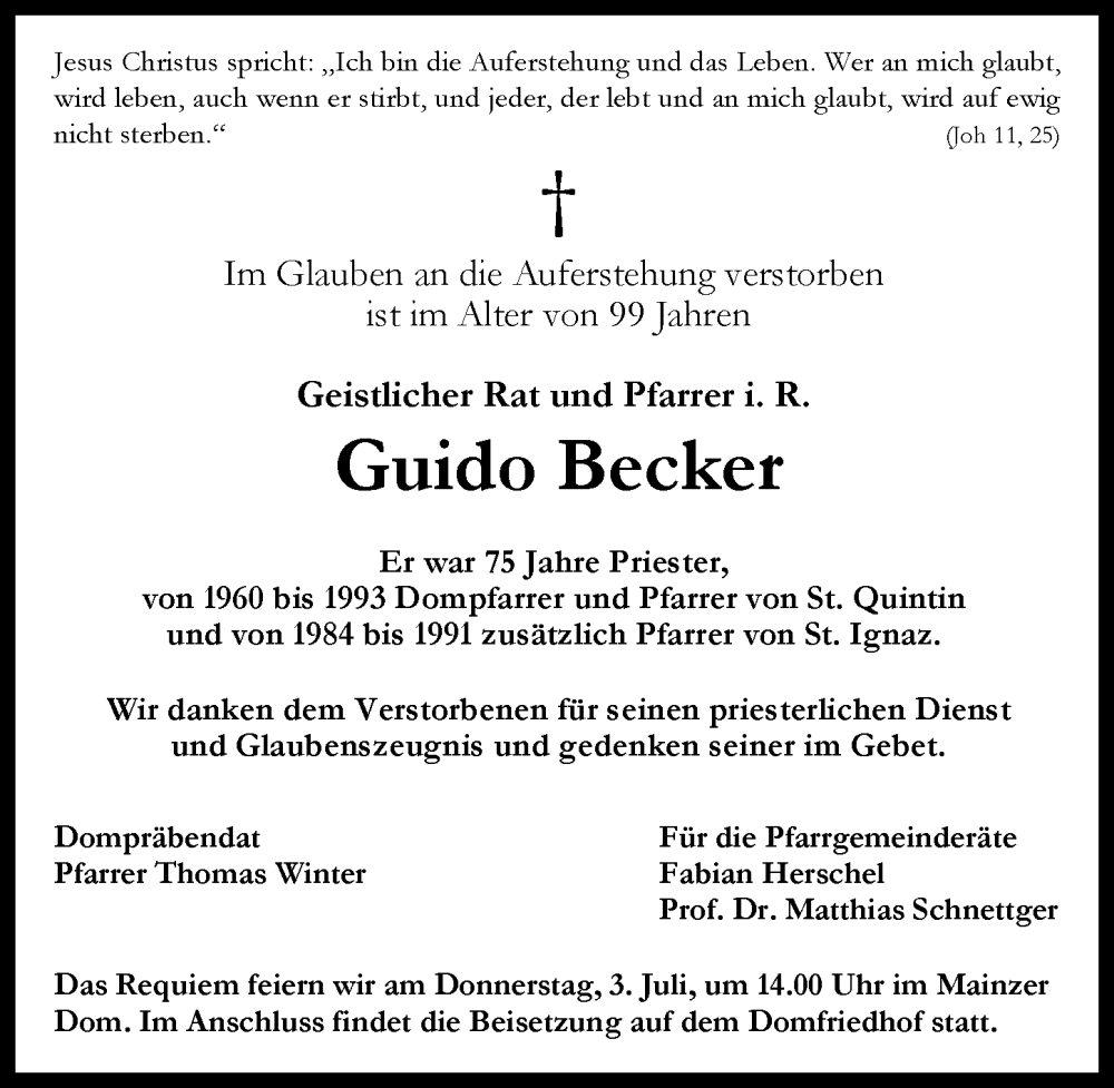  Traueranzeige für Guido Becker vom 02.07.2025 aus Allgemeine Zeitung Mainz
