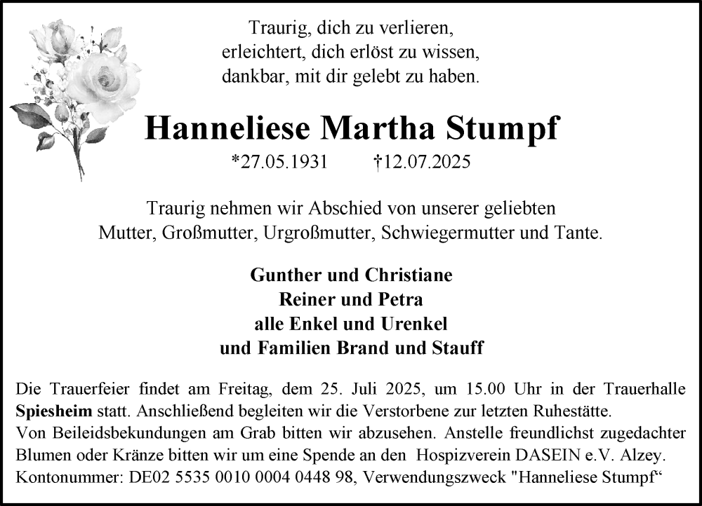  Traueranzeige für Hanneliese  Stumpf vom 19.07.2025 aus Allgemeine Zeitung Alzey