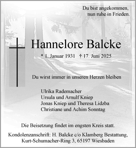 Traueranzeige von Hannelore Balcke von Wiesbadener Kurier