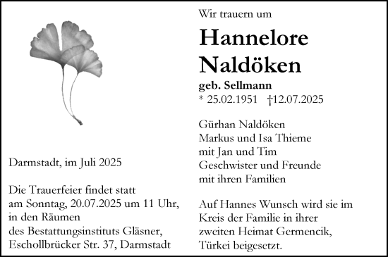 Traueranzeige von Hannelore Naldöken von Darmstädter Echo