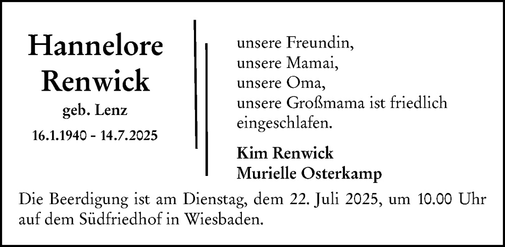  Traueranzeige für Hannelore Renwick vom 19.07.2025 aus Wiesbadener Kurier