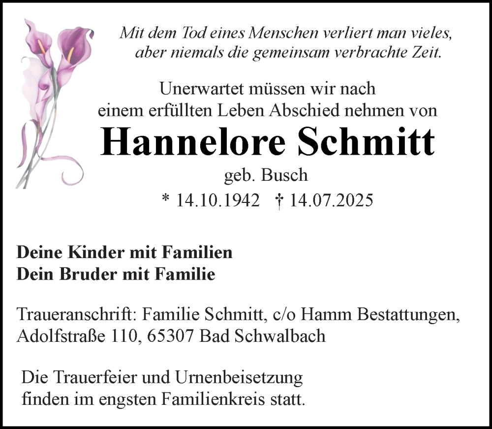  Traueranzeige für Hannelore Schmitt vom 19.07.2025 aus Wiesbadener Kurier