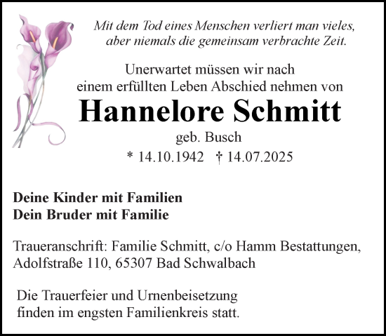 Traueranzeige von Hannelore Schmitt von Wiesbadener Kurier