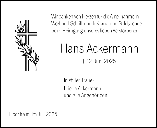 Traueranzeige von Hans Ackermann von Hochheimer Zeitung