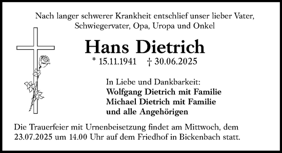 Traueranzeige von Hans Dietrich von Darmstädter Echo