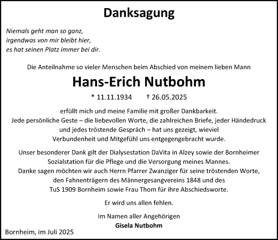 Traueranzeige von Hans-Erich Nutbohm von Allgemeine Zeitung Alzey