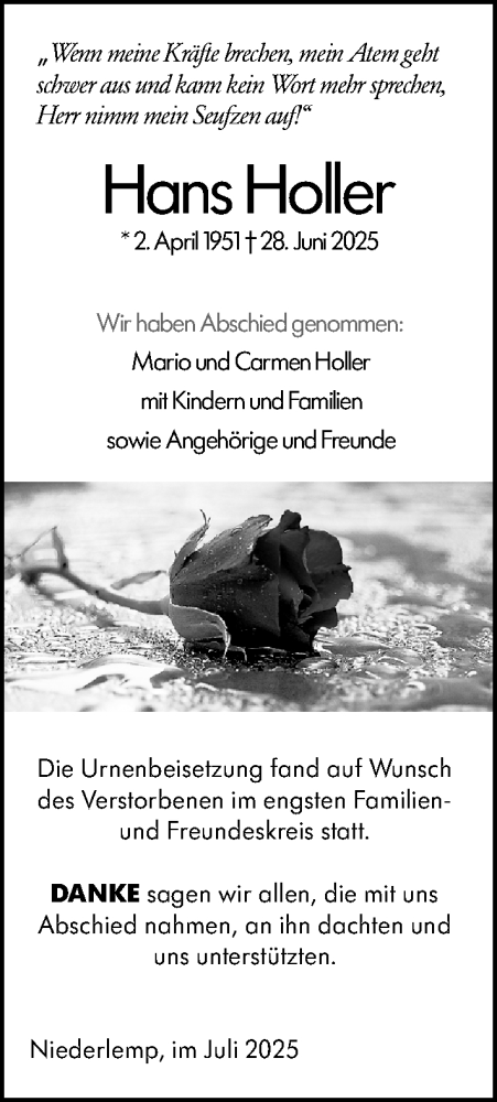  Traueranzeige für Hans Holler vom 26.07.2025 aus Dill Block
