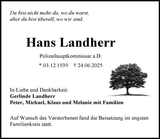 Traueranzeige von Hans Landherr von Allgemeine Zeitung Mainz