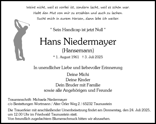 Traueranzeige von Hans Niedermayer von Wiesbadener Kurier