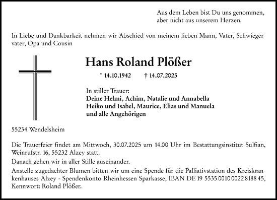 Traueranzeige von Hans Roland Plößer von Allgemeine Zeitung Alzey