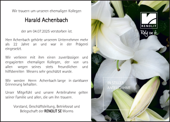 Traueranzeige von Harald Achenbach von Wormser Zeitung
