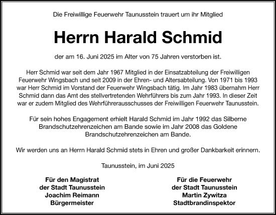 Traueranzeige von Harald Schmid von Idsteiner Land/Untertaunus
