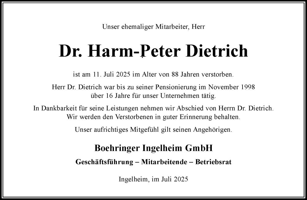 Traueranzeige für Harm-Peter Dietrich vom 18.07.2025 aus Wiesbadener Kurier