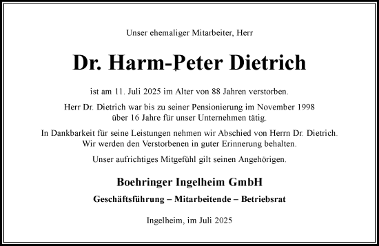 Traueranzeige von Harm-Peter Dietrich von Wiesbadener Kurier