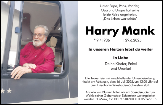 Traueranzeige von Harry Mank von Wiesbadener Kurier