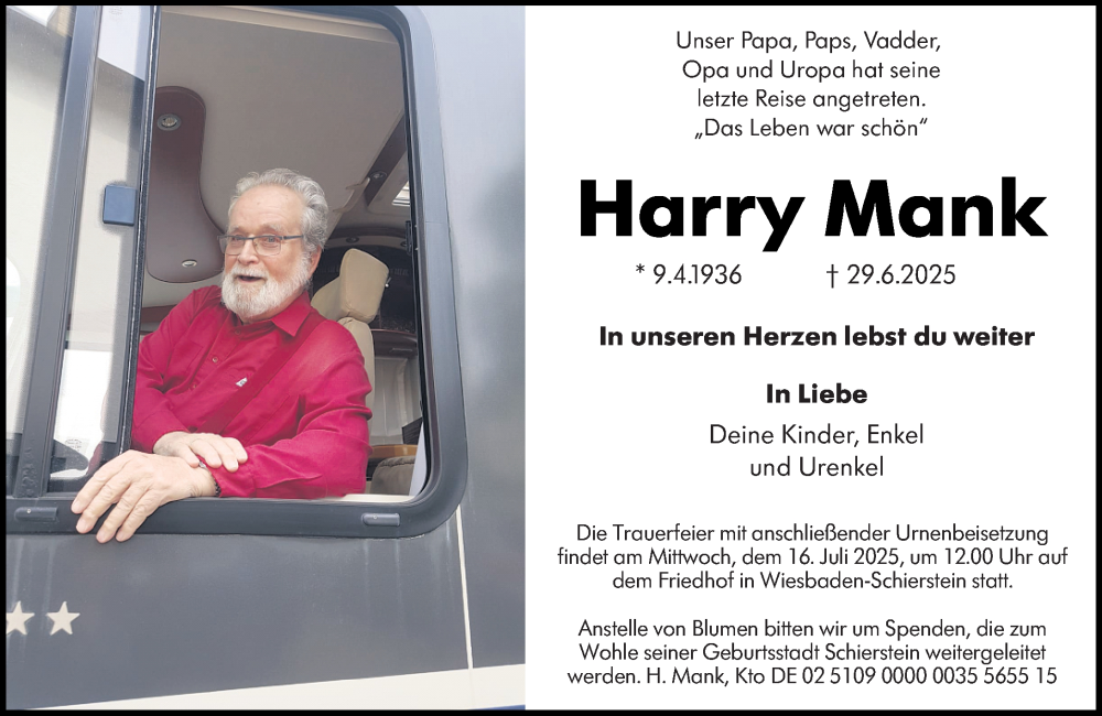  Traueranzeige für Harry Mank vom 05.07.2025 aus Wiesbadener Kurier