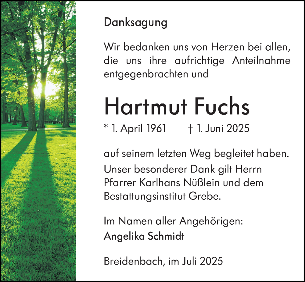  Traueranzeige für Hartmut Fuchs vom 18.07.2025 aus Hinterländer Anzeiger