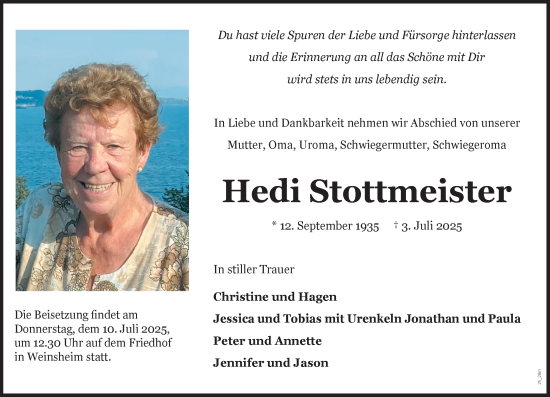 Traueranzeige von Hedi Stottmeister von Wormser Zeitung