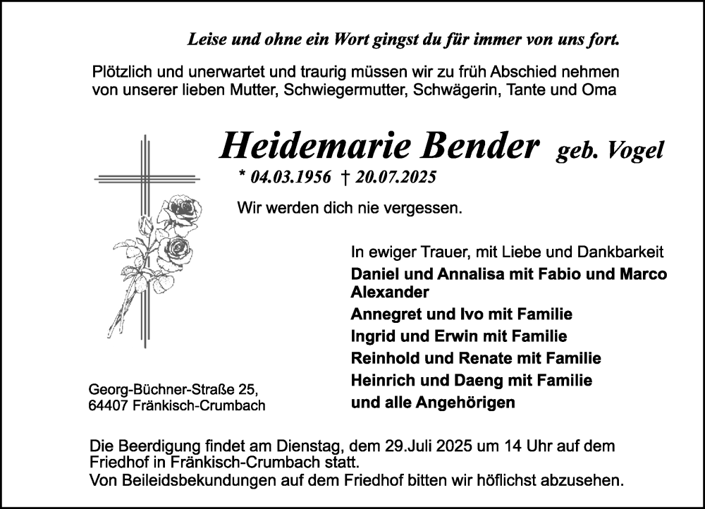  Traueranzeige für Heidemarie Bender vom 26.07.2025 aus Odenwälder Echo