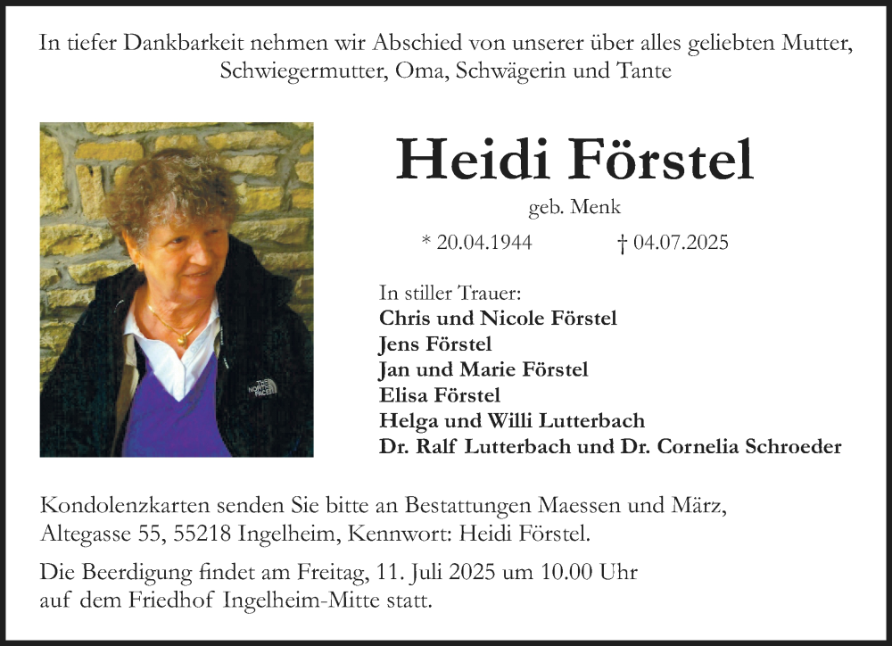  Traueranzeige für Heidi Förstel vom 09.07.2025 aus Allgemeine Zeitung Rheinhessen-Nahe