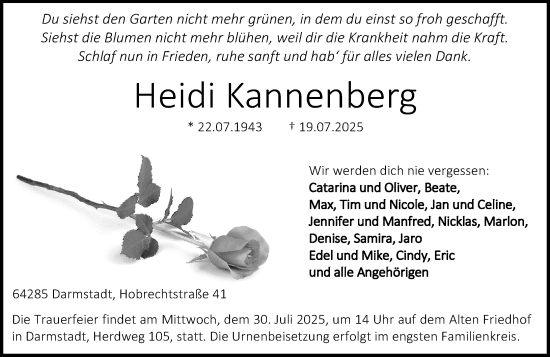 Traueranzeige von Heidi Kannenberg von Darmstädter Echo